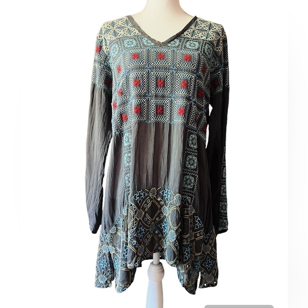 JOHNNY WAS GRAY VNECK LONG SLEEVES PULLOVER DRESS/TUNIC SIZE MEDIUM